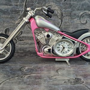 Platinun Motorcycle Desk Clock Novelty Collectible die cast biker Clock (Silver and Pink)