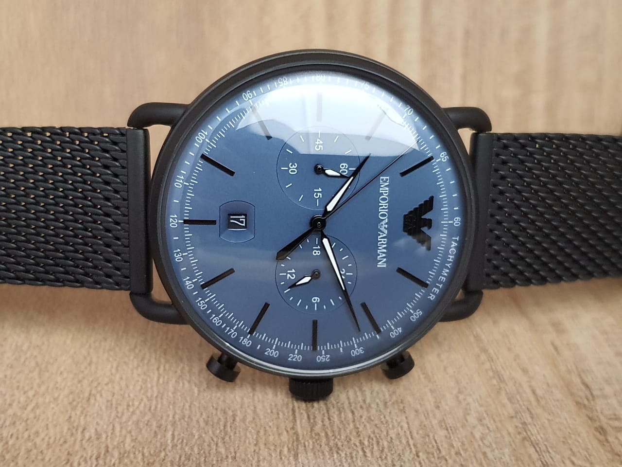 Stainless Emporio Quartz Steel Men\'s – 43mm Watch Armani AR11201 Blue Dial