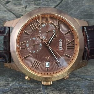 Guess Men's Brown Leather Band Quartz Analog Watch W0669G1