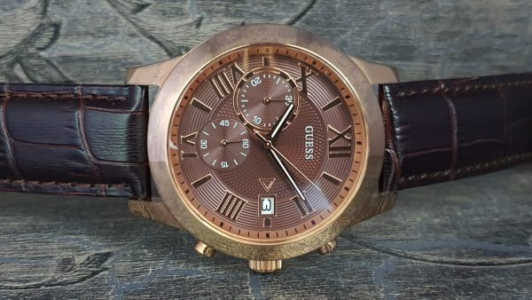 Guess Men's Brown Leather Band Quartz Analog Watch W0669G1