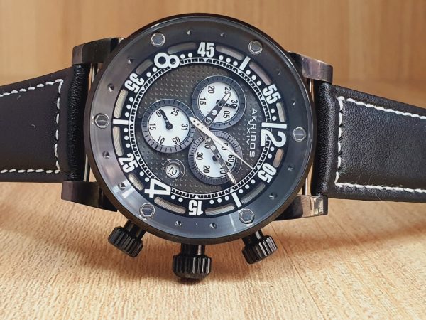 Akribos XXIV Men's Swiss Movement Chronograph Leather Strap 47mm Watch AK612BK