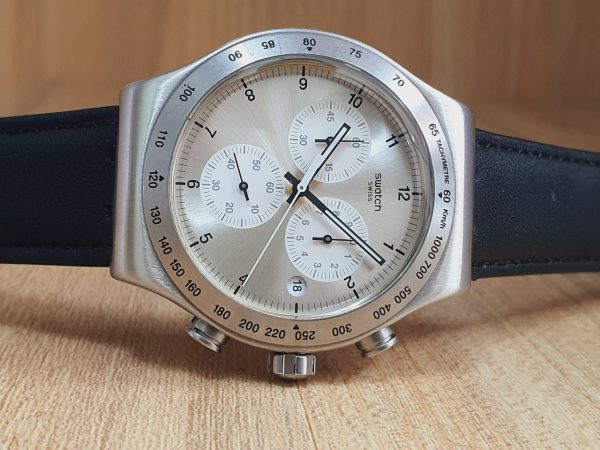 Swatch Men’s Swiss Made Black Leather Quartz Silver Dial Watch YVS433G
