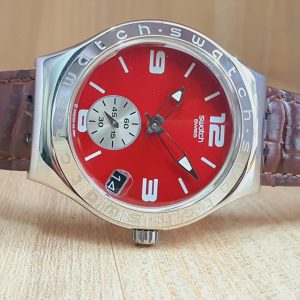 Swatch Men’s Swiss Made Brown Leather Quartz Red Dial Watch SR936SW