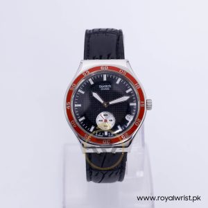 Swatch Men’s Swiss Made Quartz Black Leather Strap Black Dial 40mm Watch SR936SW/2