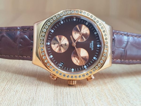 Swatch Men's Swiss Made Quartz Brown Leather Watch YCG414G