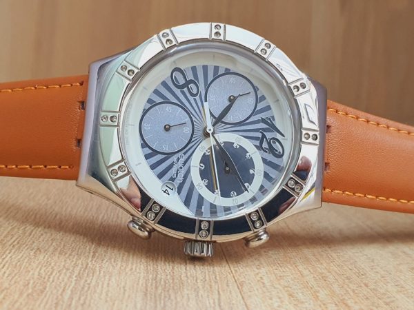 Swatch Men's Swiss Made Brown Leather Quartz Silver Dial Watch YCS510