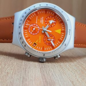 Swatch Men’s Chronograph Swiss Made Orange Dial Watch YCS4029