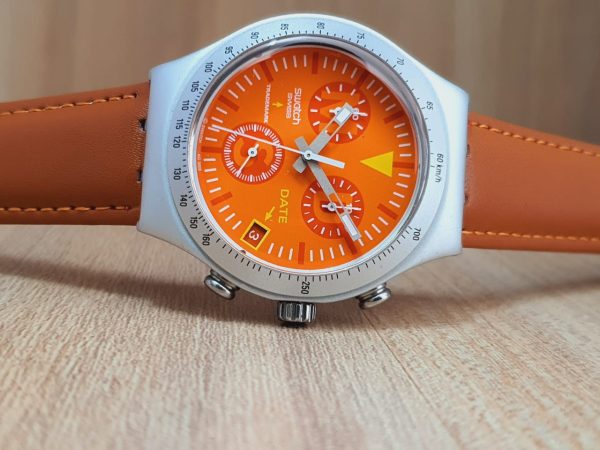 Swatch Men’s Chronograph Swiss Made Orange Dial Watch YCS4029