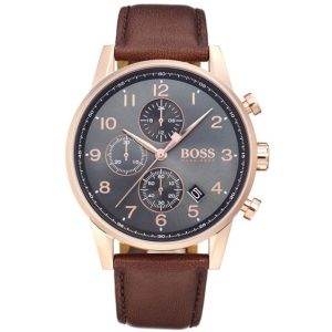 Hugo Boss Men’s Quartz Brown Leather Strap Grey Dial 44mm Watch 1513496