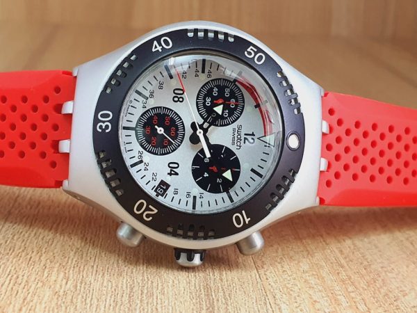 Swatch Men’s Chronograph Quartz Swiss Made Red Silicone Strap 40mm Watch YBS4010