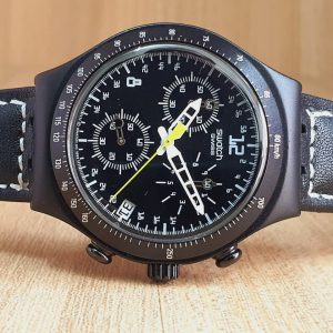 Swatch Men’s Chronograph Quartz Swiss Made Leather Strap Black Watch YCS4024/2