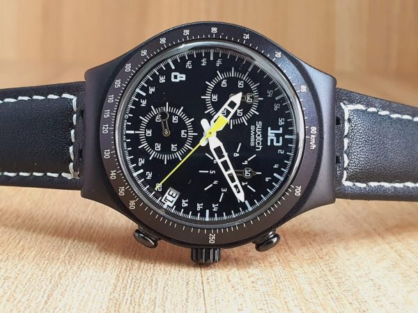 Swatch Men’s Chronograph Quartz Swiss Made Leather Strap Black Watch YCS4024/2