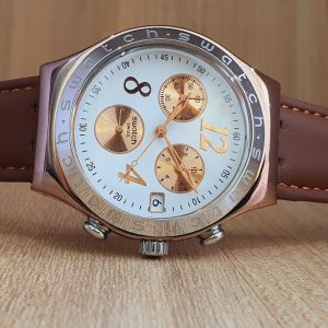 Swatch Men’s Swiss Made Rose Gold-Tone Brown Leather Band 40mm Watch YCG406G/2