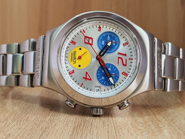 Swatch Men’s Chronograph Quartz Swiss Made Stainless Steel Silver Watch YCS487