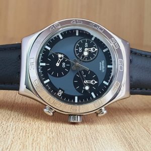 Swatch Men’s Quartz Swiss Made Black Leather Band Watch YCS410GX/2