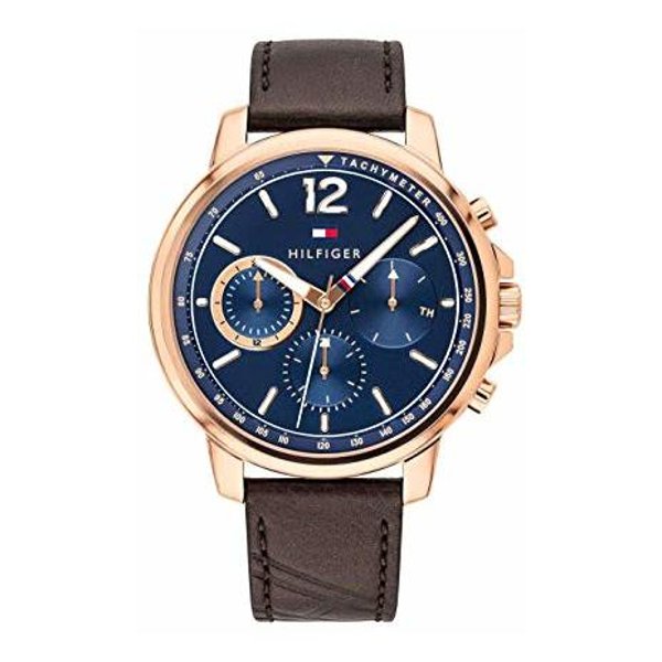 Tommy Hilfiger Men’s Quartz Brown Leather Strap Blue Dial 46mm Watch ...