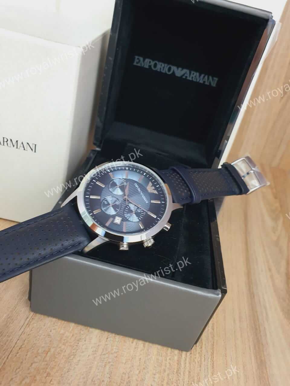 AR2473 Dial Men\'s 43mm Emporio Armani Blue Leather Strap Quartz – Watch