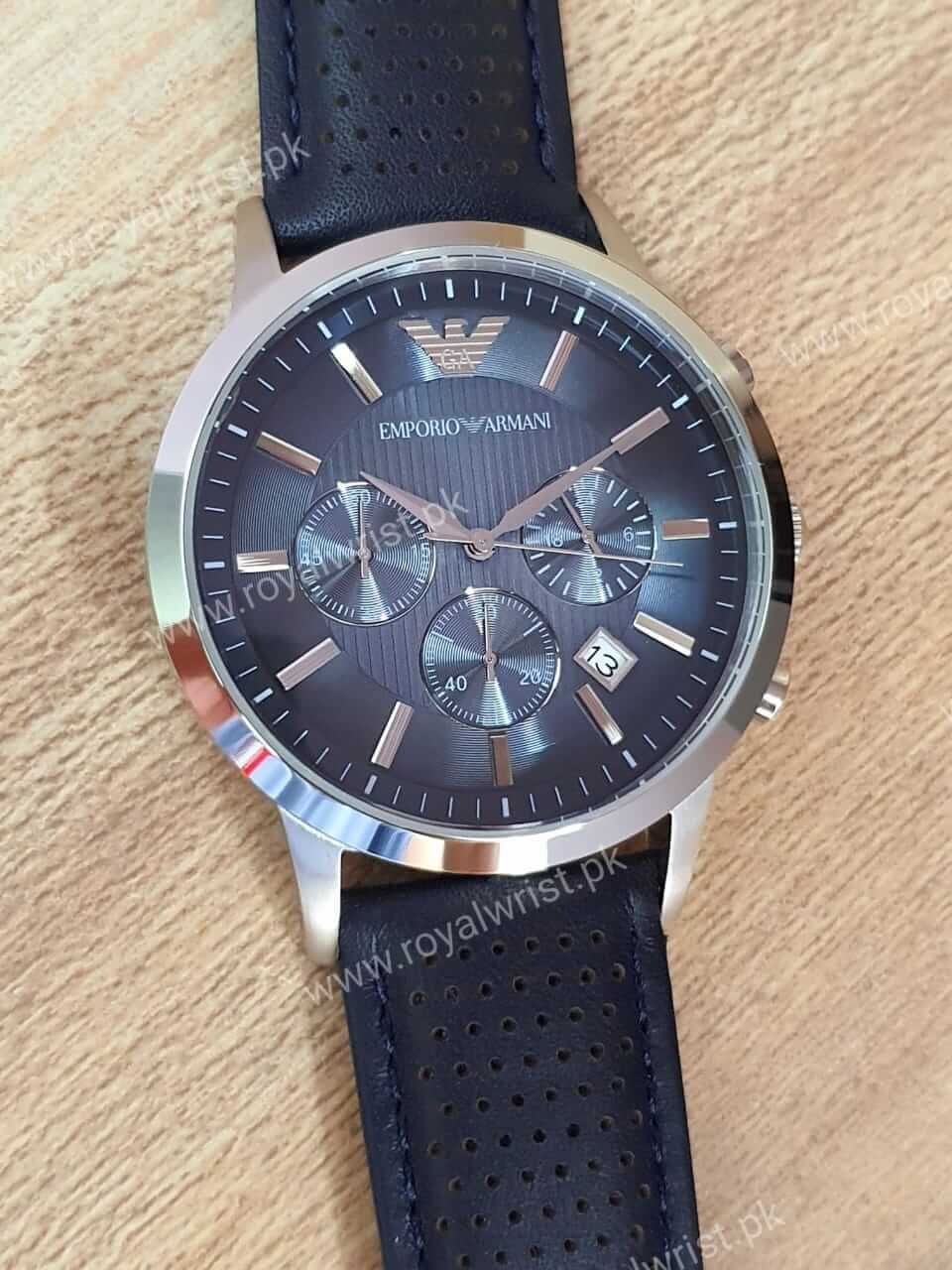 Emporio Leather Blue Armani – AR2473 Men\'s Quartz Watch Strap Dial 43mm