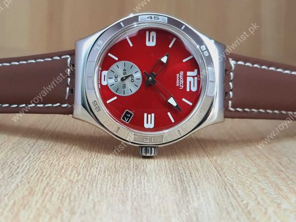 Swatch Men’s Quartz Swiss Made Brown Leather Red Dial 40mm Watch YPS400