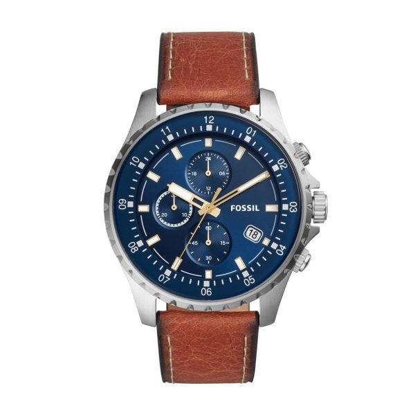 Fossil Men’s Quartz Chronograph Brown Leather Strap Blue Dial 48mm Watch FS5675
