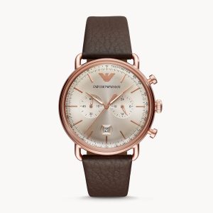 Emporio Armani Men’s Quartz Brown Leather Strap Rose Gold Shine Dial 43mm Watch AR11106