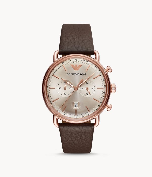 Emporio Armani Men’s Quartz Brown Leather Strap Rose Gold Shine Dial 43mm Watch AR11106
