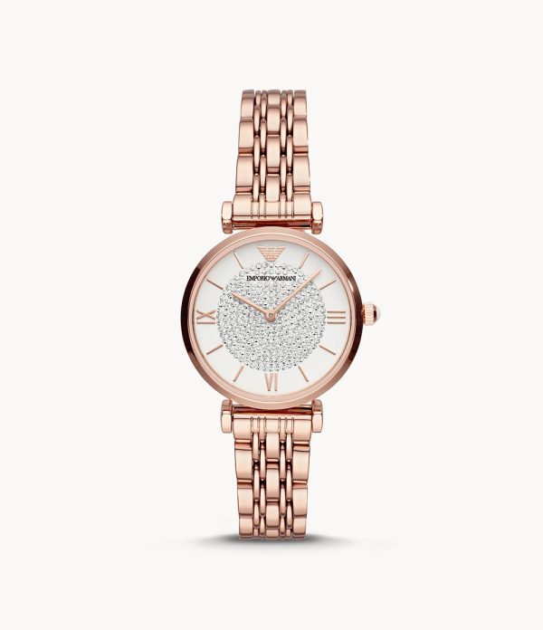 Emporio Armani Women’s Quartz Rose Gold Stainless Steel Silver Crystal Pave Dial 32mm Watch AR11244