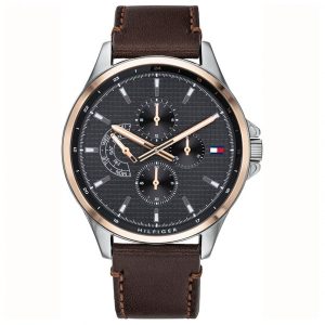 Tommy Hilfiger Men’s Quartz Brown Leather Strap Grey Dial 46mm Watch 1791615