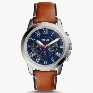 Fossil Men’s Chronograph Quartz Brown Leather Strap Navy Blue Dial 44mm Watch FS5210