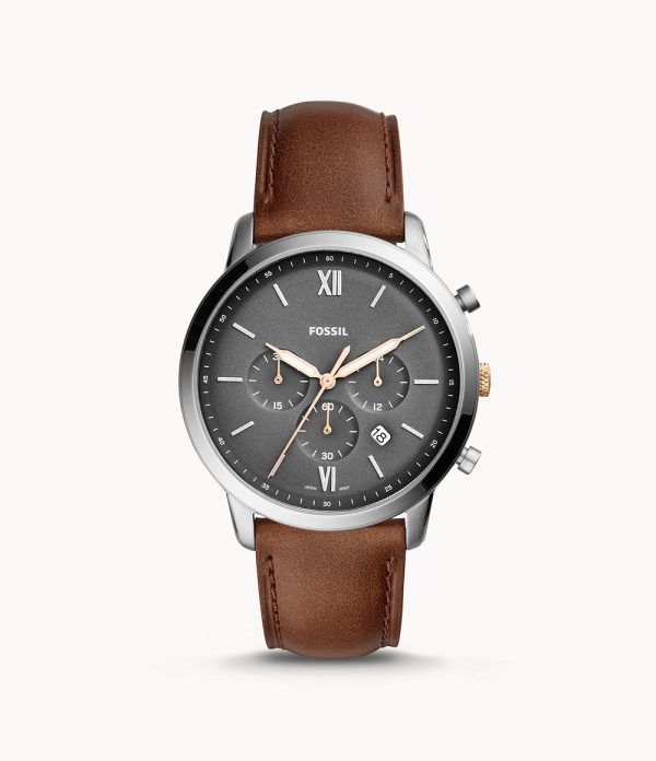 Fossil Men’s Chronograph Quartz Leather Strap Grey Dial 44mm Watch FS5408