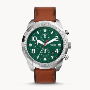 Fossil Men’s Chronograph Quartz Leather Strap Green Dial 50mm Watch FS5738
