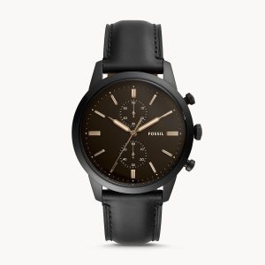 Fossil Men’s Chronograph Quartz Leather Strap Black Dial 44mm Watch FS5585