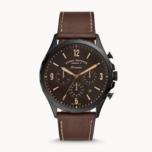 Fossil Men’s Chronograph Quartz Leather Strap Black Dial 46mm Watch FS5608