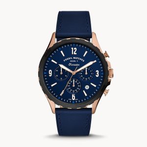 Fossil Men’s Chronograph Quartz Leather Strap Blue Dial 46mm Watch FS5814