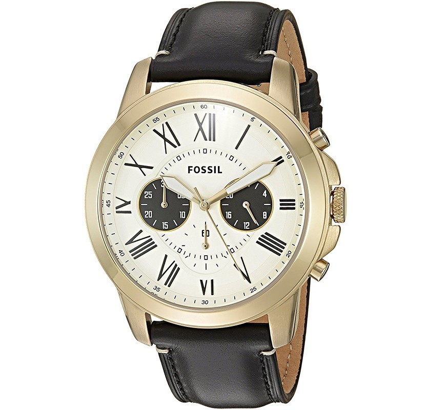 Fossil Men’s Chronograph Quartz Black Leather Strap Cream Dial 44mm ...