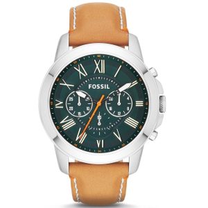 Fossil Men’s Chronograph Quartz Leather Strap Green Dial 44mm Watch FS4918