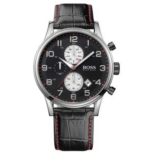 Hugo Boss Men’s Quartz Leather Strap Black Dial 44mm Watch 1512631