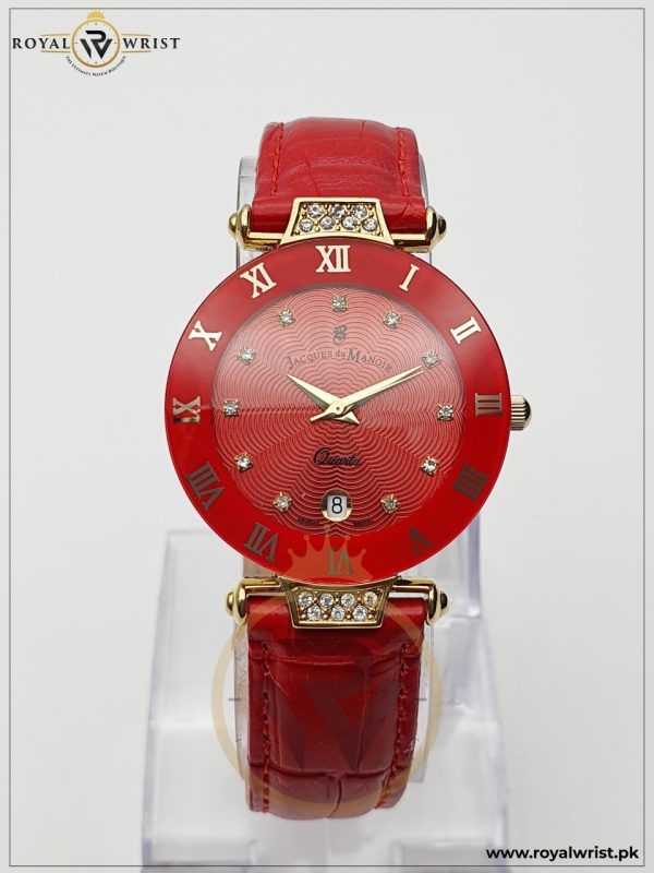Jacques du Manoir Women’s Swiss made Quartz Leather Strap Red Dial 33mm Watch 50634-5