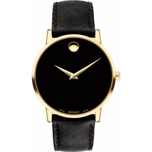 Movado Men’s Quartz Swiss Made Leather Strap Black Dial 40mm Watch 0607195