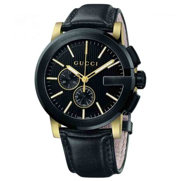 Gucci Men’s Swiss Made Quartz Leather Strap Black Dial 44mm Watch YA101203