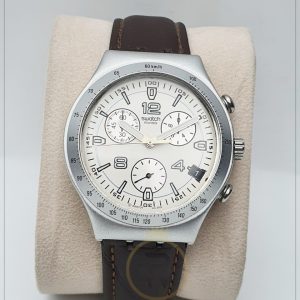 Swatch Men’s Swiss Made Leather Strap White Dial 40mm Watch YCS4022AG