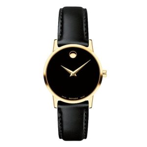 Movado Women's Quartz Swiss Made Leather Strap Black Dial 28mm Watch 0607275
