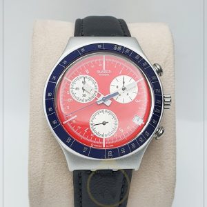 Swatch Men’s Swiss Made Leather Strap Red Dial 40mm Watch YCS4016