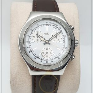 Swatch Men’s Swiss Made Leather Strap White Dial 40mm Watch YCS416G
