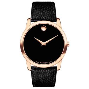 Movado Men’s Quartz Swiss Made Leather Strap Black Dial 40mm Watch 0607060