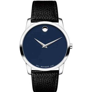 Movado Men’s Quartz Swiss Made Leather Strap Blue Dial 40mm Watch 0607013