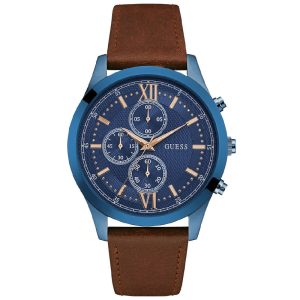 Guess Men’s Quartz Brown Leather Strap Blue Dial 43mm Watch W0876G3