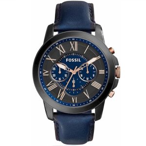 Fossil Men’s Chronograph Quartz Leather Strap Black and Blue Dial 43mm Watch FS5061