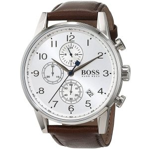 Hugo Boss Men’s Quartz Leather Strap Silver Dial 44mm Watch 1513495