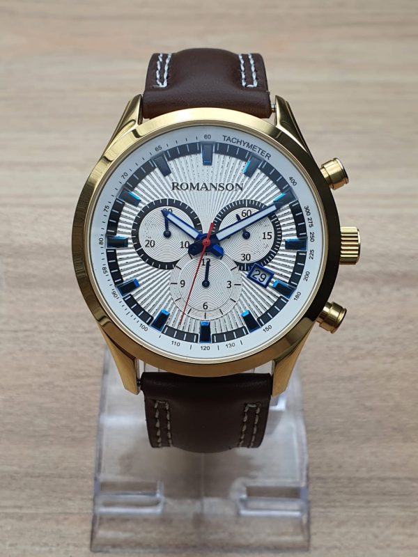 Romanson Men’s Quartz Swiss Made Leather Strap White Dial 45mm Watch RSL011HM